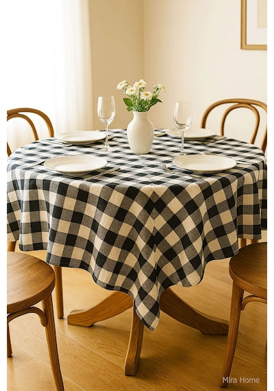 Mira Home Kareli Masa Örtüsü Sofra Bezi 160x160 Cm Happytime Siyah