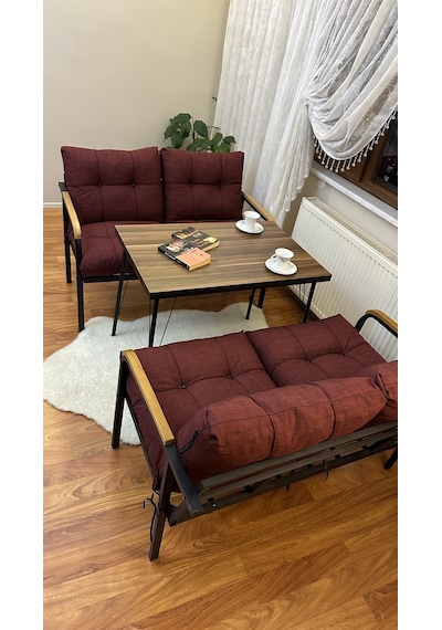 Modern Van Balkon, Bahçe, Cafe - Metal Kanepe Koltuk Takımı 2+2 +masa Takım Bordo