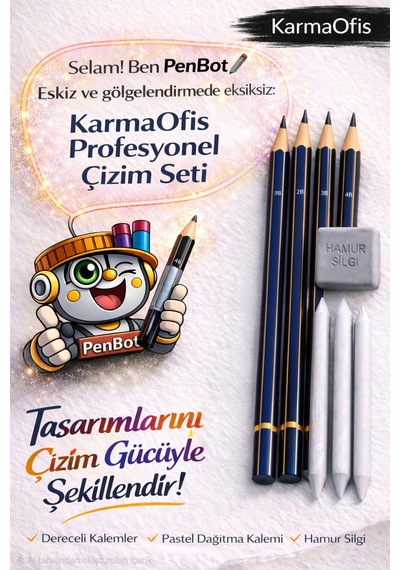 Profesyonel Çizim Seti 4 Lü Dereceli Kalem 2b-2b-3b-4b + Hamur Silgi+3 Lü Pastel Dağıtma Kalemi