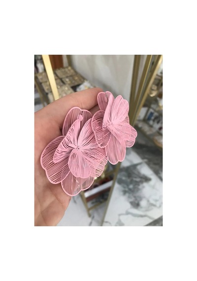 Metal Çizgili Çiçek Model Küpe Pembe 57620490