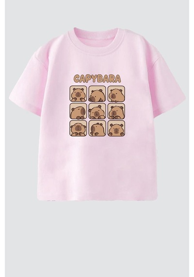 Monila Unisex Çocuk Pamuklu Bisiklet Yaka Baskılı T-shirt Pembe
