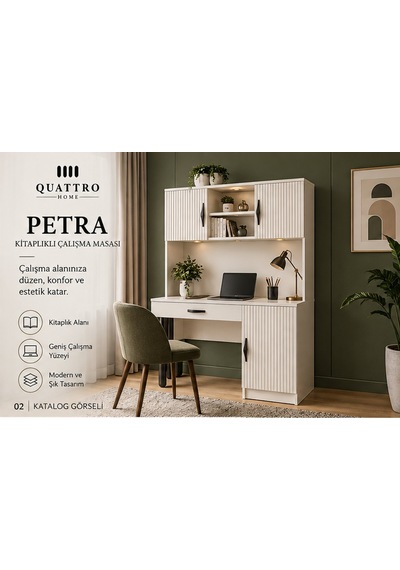 Petra Kitaplıklı Çalışma Masası 3 İnç Düz Beyaz