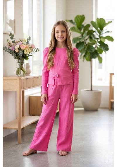 New Kids Kız Takım Çocuk Uzun Kol Pembe Fiyonk Detaylı Kız Takım -91229