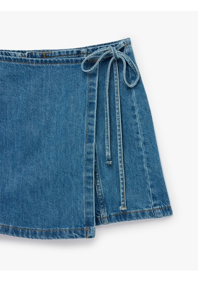 Koton Bağcık Detaylı Pamuklu Mini Denim Şort Etek Orta İndigo 6sal40002md