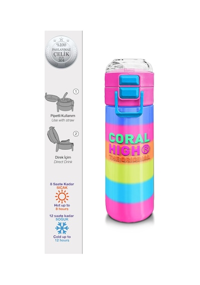 Coral High Kids Renkli Çizgili Pipetli Ve Direk İçimli Paslanmaz Çelik Termos 500 Ml 31986 Pastel Pembe