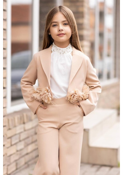 Riccotarz Kız Çocuk Çiçek Broş Detaylı Blazer Ceket Halter Yaka Taş Detaylı Bluz Krem Alt Üst Takım Krem Riccotarz Kız Çocuk Çiçek Broş Detaylı Blazer Ceket Halter Yaka Taş Detaylı Bluz Krem Alt Üst Takım Krem