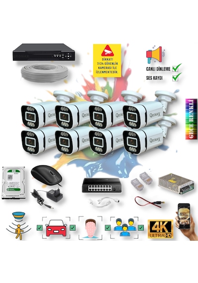 8 Kameralı Ip Set Yapay Zeka Özellikli Gece Renkli Sesli Ip 4386