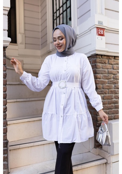 Hb Harma Time Butik Kadın Düğmeli Kemer Detaylı Beyaz Gömlek Beyaz Beyaz
