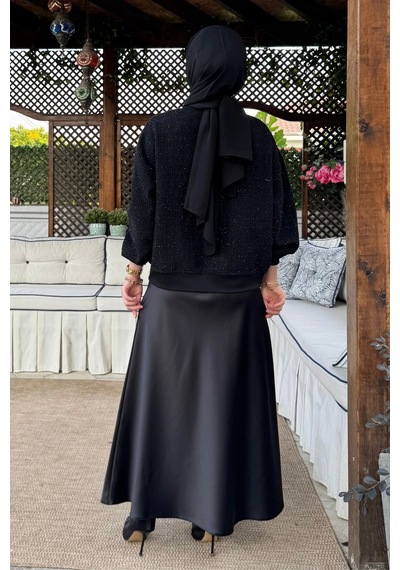 Rabia Şamlı Tanem Tüvit-saten Etekli Takım Siyah Normal