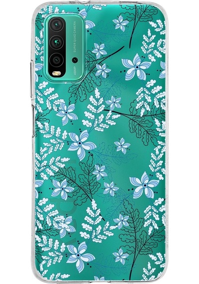 Xiaomi Poco M3 Uyumlu Kapak Floral Mavi Tasarımlı Şeffaf Silikon Kılıf