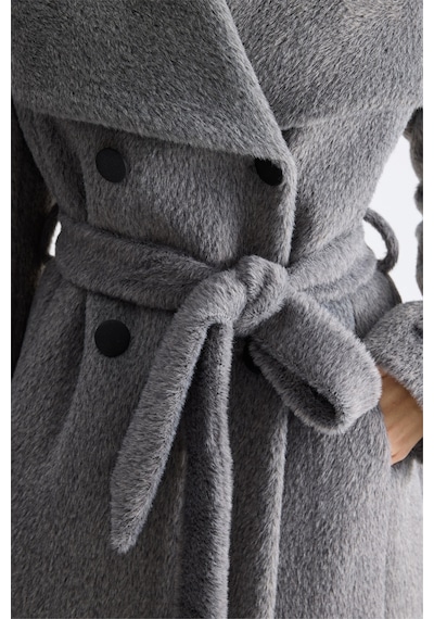 Ekol Kadın Beli Kuşaklı Peluş Kaban Gri