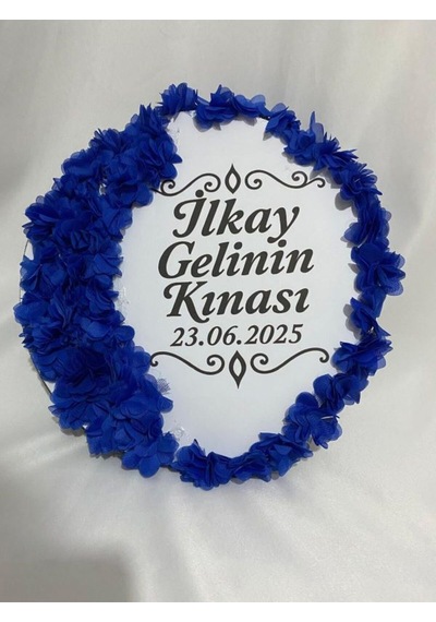 Gelin Tefi 30cm, İsim Ve Tarih Yazılı Yarım Ay Ve Kenar Süslemeli Tasarlanmış Kına Tefi Mavi