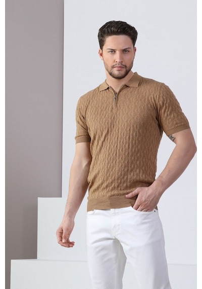 Ferraro Camel Polo Yaka Fermuarlı Erkek Pamuk Triko T-Shirt-Kahverengi (417942562) Kahverengi