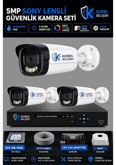 Korel Bilişim 3 Kameralı 9 Atom Ledli 5 Mp Sony Lensli Gece Renkli Güvenlik Kamerası Seti 320 Gb Hdd