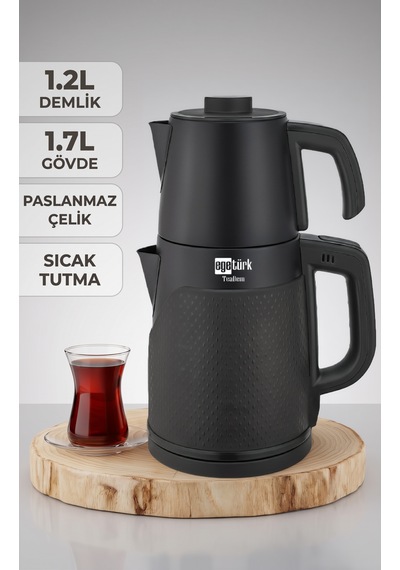 Egetürk Coverlı Elektrikli Çay Makinesi, Çaycı 2000w 1.7l Su Isıtıcı 1.2l Demlik Paslanmaz Çelik Siyah