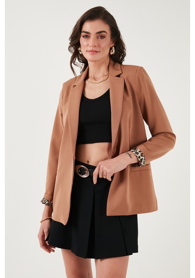 Lela Standart Fit Mono Yaka Desenli Astar Detaylı Blazer Bayan Ceket 6524003 Camel