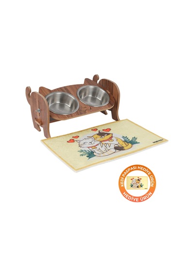 Ahşap Kedi Mama Seramik Su Kabı Standı,kedili Mama Kabı, Hediye Kedi Halısı