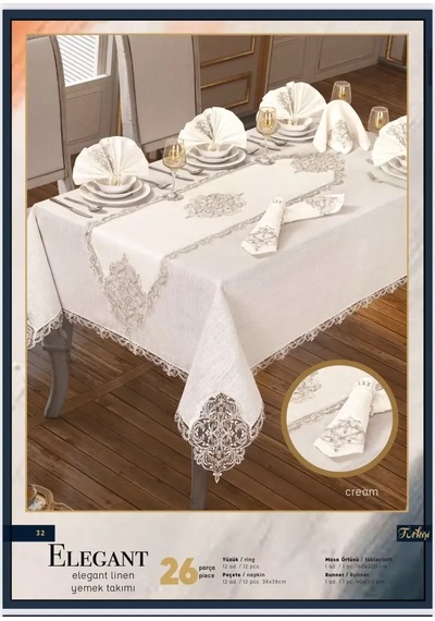 Cekihome Elegant Linen Krem-gümüş 12 Kişilik 26 Parça Supla Runner Premium Sofra Masa Takımı