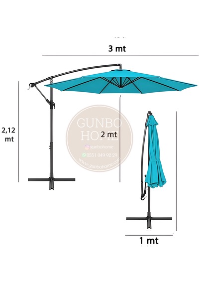 Gunbo Home 3 Mt 8 Kaburga Full Demir 21 Kg Turkuaz Bahçe Şemsiyes