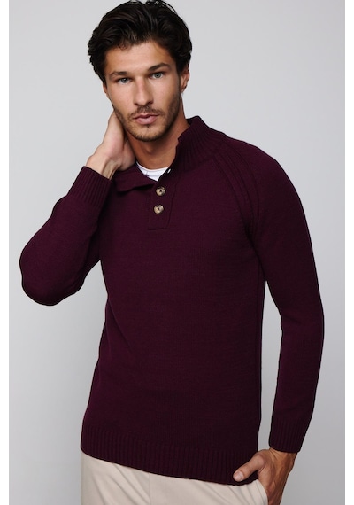 Tudors Erkek Slim Fit Dar Kesim Dik Yaka Düğmeli Bordo Triko Triko Kazak-29592-bordo Bordo