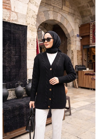 Sayzen Your Shine Trend Saç Örgülü Düğmeli Tunik Hırka Siyah