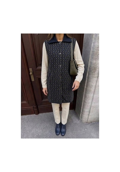 Onno Style Women Desenli Çelik Örgü Uzun Triko Kadın Yelek Kaban Lacivert