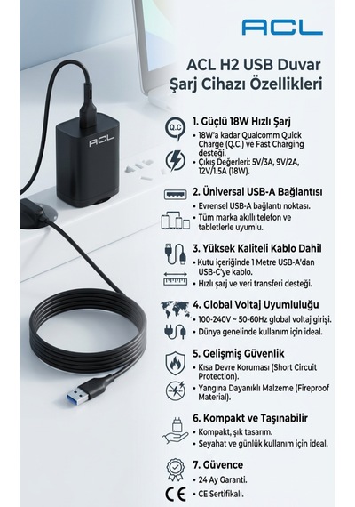 Acl H2 Hızlı Şarj 3.4 18w Siyah Şarj Cihazı