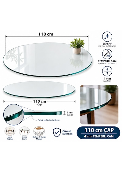 Masa Camı, Şeffaf Cam, Yuvarlak Cam, Masa Üstü Cam, 4mm Temperli Cam Çap 110 Cm