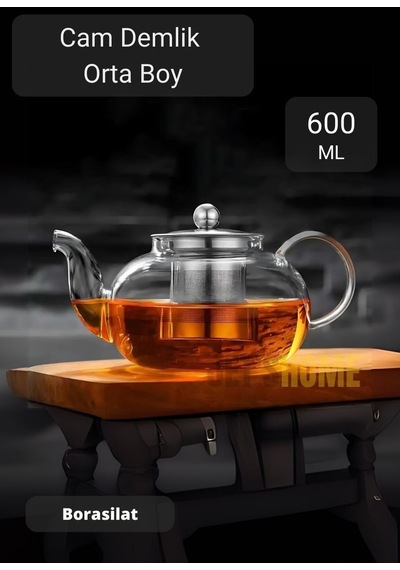 Cam Demlik Çelik Süzgeçli Demlik Isıya Dayanıklı Bitki Çayı Demliği Borosilat 600 Ml Gri