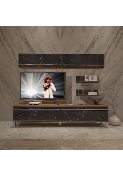 Decoraktiv Eko 5 Mdf Std Krom Ayaklı Tv Ünitesi Tv Sehpası Ceviz - Siyah Mermer