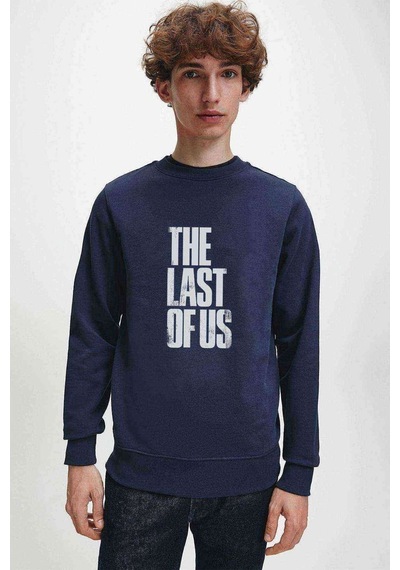 The Last Of Us Eskitme Yazlı Baskılı Indigo Mavi Erkek Sweatshirt