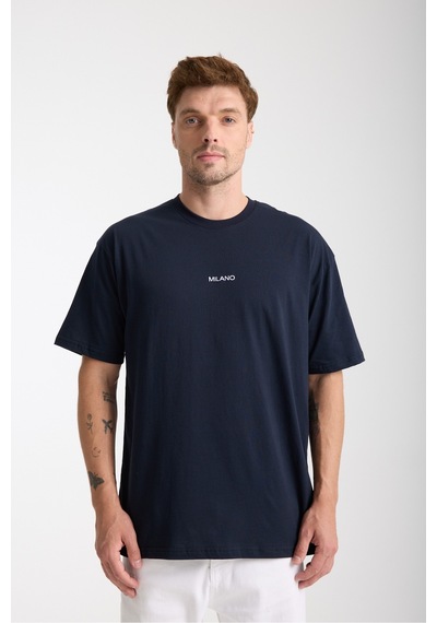 Erkek Milano Nakış Yazılı Oversize Bisiklet Yaka T-shirt Lacivert
