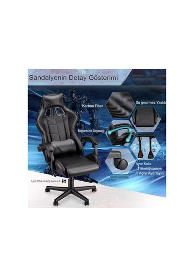 Gri Desen Oyuncu Koltuğu, Ergonomik Tasarım, Ayarlanabilir Boyun Ve Bel Yastığı, Hareketli Kolçak Diğer