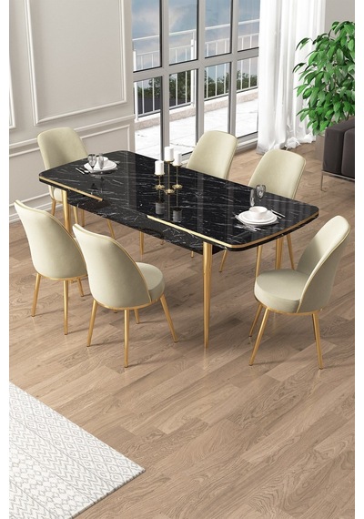 Canisa Pale Serisi 80x132 Açılabilir Siyah Mermer Desen Mutfak Masa Takımı 6 Krem Sandalye Gold Detay Masa Siyah Mermer Desen Sandalye Krem Gold Ayak