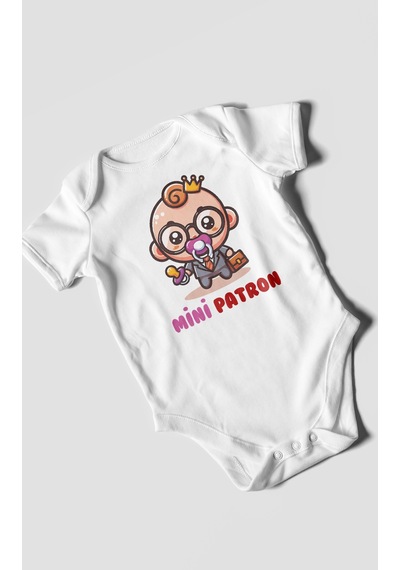 Mini Patron V2 Baskılı Bebek Zıbını Çıtçıtlı Body %100 Pamuk Kısa Kol Beyaz