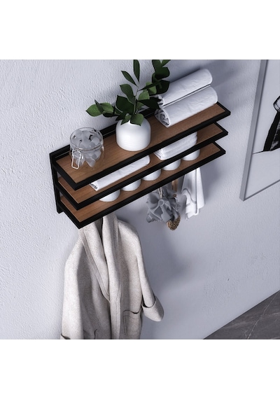 Sofya 2 Katlı Ceviz Raflı Askılık, Portmanto 53 Cm - 5 Askı Siyah