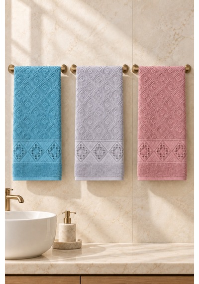Elmas Motifli El Yüz Havlusu 50x90 Cm 3 Lü Set %100 Pamuk - Pastel Breeze Çok Renkli