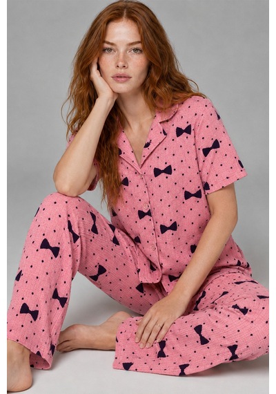 Kadın Kısa Kol Desenli Pembe Pijama Takımı 4729