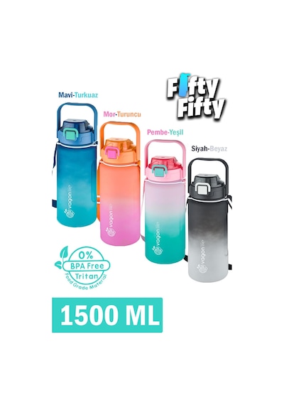 Vagonlife Tritan 1500ml Askılı-pipetli/pipetsiz Kullanım Çift Renk Softtouch Motivasyon Matarası Çıkartma Hediyeli 001