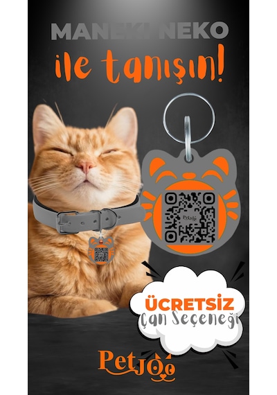 Petjoo 4.Maneki Neko Turuncu-Gri Qr'lı Kedi Künyesi