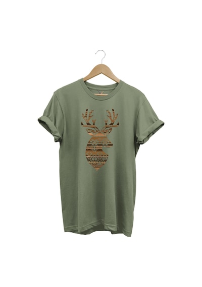 Avcılık Mozaik Desenli Geyik Tasarım Baskılı %100 Pamuk Regular Fit Bisiklet Yaka Premium T-shirt Haki