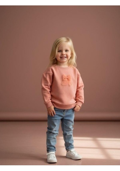 Zekids Kız Bebek Pamuklu Taşlı Fiyonk Detaylı Oversize Tasarım Sweatshirt-16558 Pudra