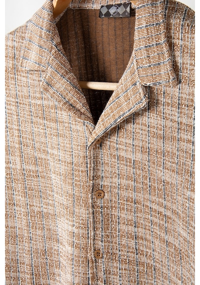 Erkek Bej Kısa Kollu Slim Fit Çizgi Desenli Pamuklu Yazlık Gömlek Taş