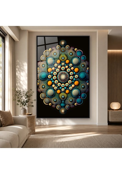 Turkuaz Turuncu Noktalı Mandala Siyah Çerçeveli Cam Tablo