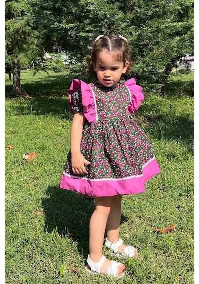 Su Taşı Detaylı Fırfırlı Çiçekli Poplin Kız Çocuk Bebek Elbise 001