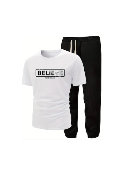 Medinenur Believe Yazı Baskılı T-shirt Eşofman Altı Jogger Rahat Kalıp Siyah Eşofman Takım Beyaz