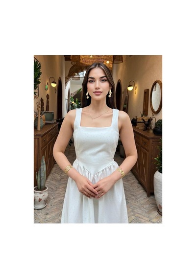 Moda Banuş Ekru Taş Baskılı A Kesim Bağcıklı Elbise-dar Kalıp Beyaz
