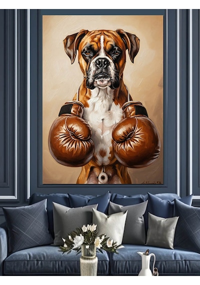 Ahşap Tablo Boks Eldivenli Köpek Çizimi
