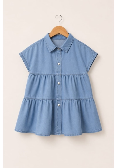 My Kids Wear Mia Düğmeli Denim Kız Çocuk Elbise 12833 Buz Mavi