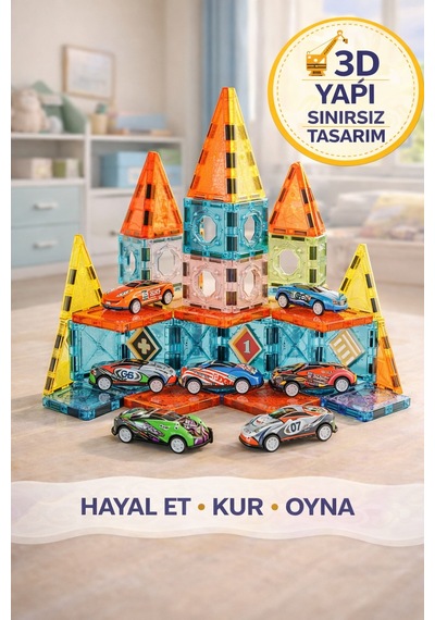 50 Parça Manyetik Blok Seti Eğitici Zeka Oyunu, 3d Yapı Oyuncak, 3+ Yaş